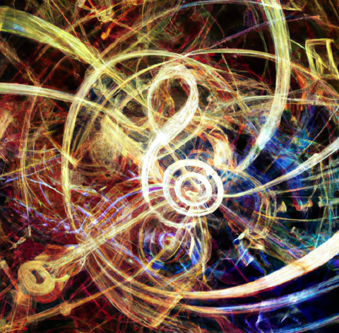 AI illustration of a geometric swirl of musical instruments and computer circuitry woven together